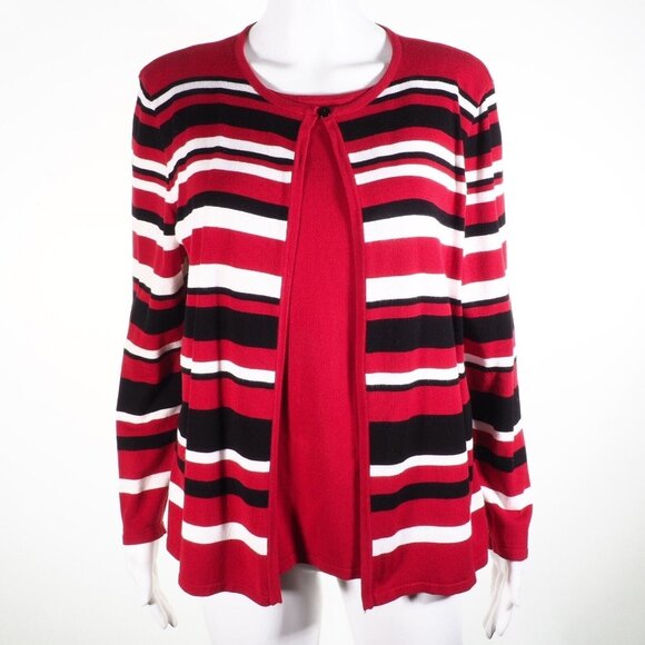 Alfred Dunner Women Size M Cardigan Set One Piece Striped Red Black White - Picture 4 of 9